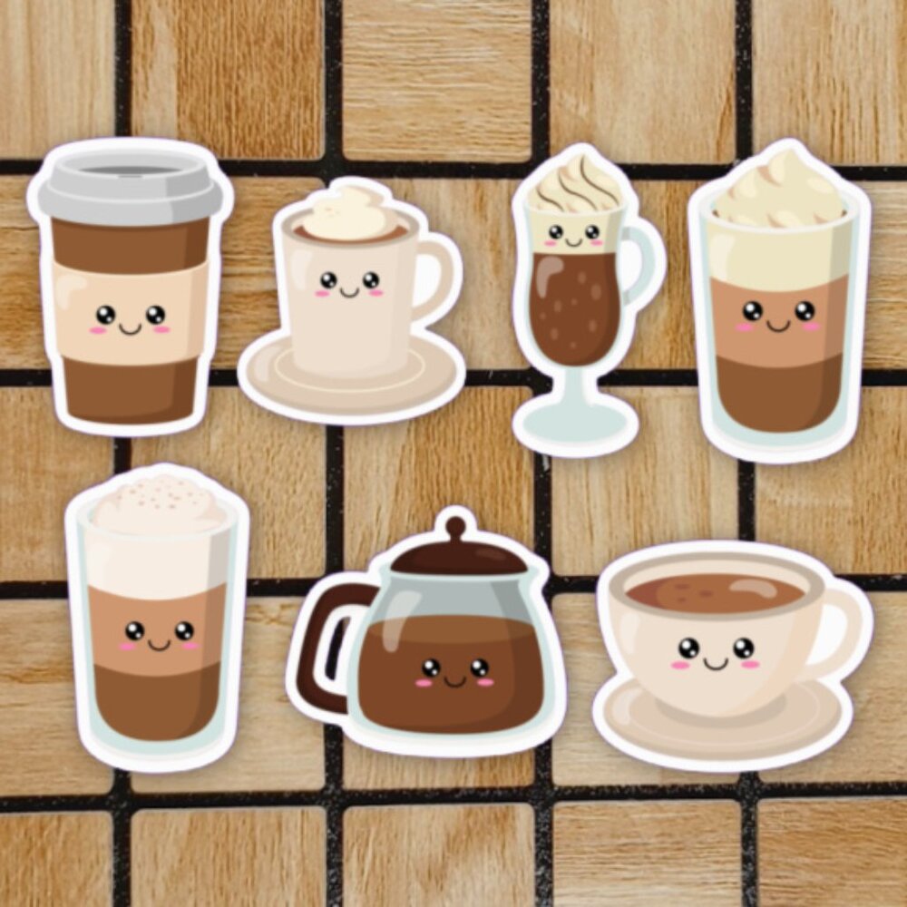 Kawaii Coffee Lover Sticker Pack of 7 Vinyl Stickers Waterproof Sticker Set - Picture 1 of 4
